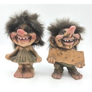 Vintage Ny Form Norway Troll Duo - Girl in Skirt & Boy with Sign #186